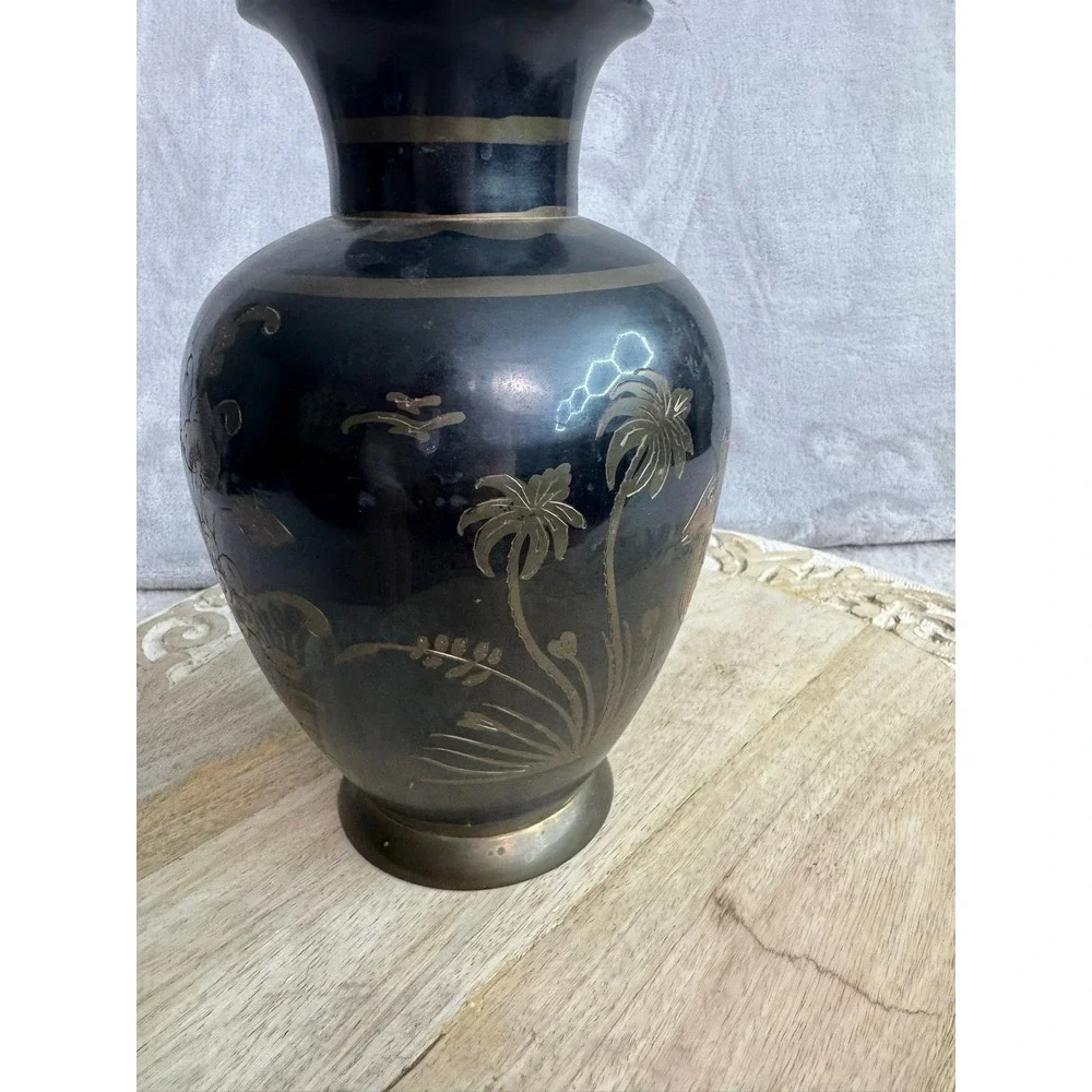 Vintage Black Etched Brass Vase Deer Gazelle Floral Palm‎ Tree Design 9.5 Inch